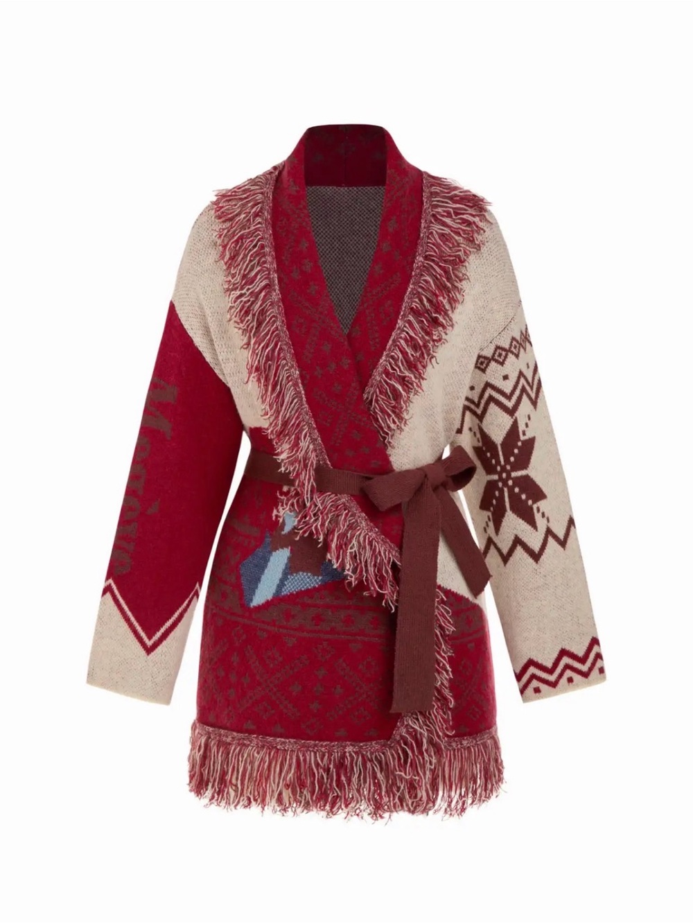 Cider Red and Cream Fringe Belted Cardigan